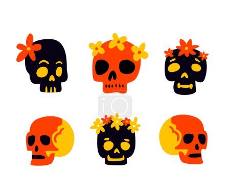 Illustration for Hand drawn skulls decorated with flowers set, cute stickers isolated on white background. - Royalty Free Image
