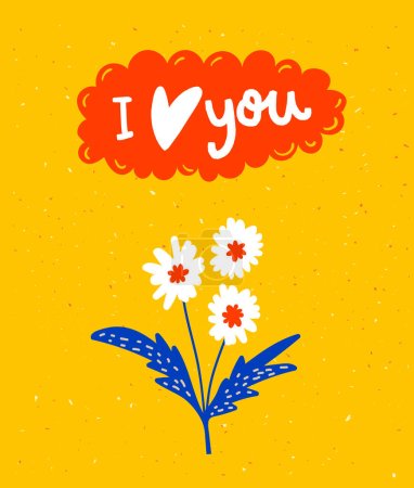 Téléchargez les illustrations : Carte de vœux jaune avec texte que je t'aime et jolies fleurs de marguerite dessinées à la main, illustration vectorielle. - en licence libre de droit