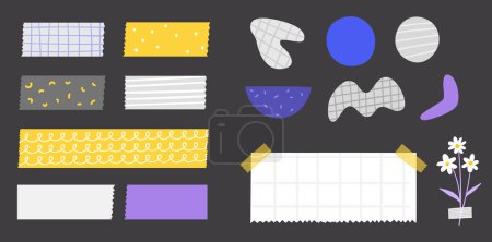 Illustration for Decorative tape, set of different washi tape pieces and stickers isolated on dark background. Patterned and simple labels for collages, journaling and vision board. - Royalty Free Image