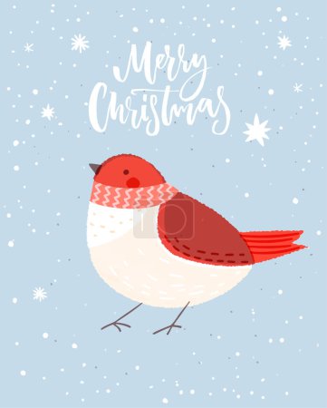 Illustration for Blue Christmas card with cute red bird and hand lettering text Merry Christmas. Vector illustrated greetings. - Royalty Free Image