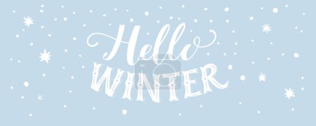 Illustration for Hello winter banner in vintage. Handwritten art background. style. Typography cover design, blue snowy scene, vector illustration. - Royalty Free Image