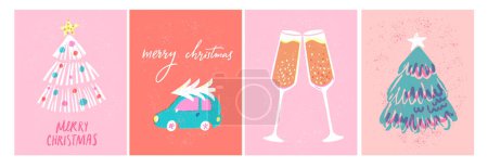 Illustration for Retro risoprint Christmas greeting cards design, vector illustrations of Christmas tree, champagne glasses, spruce tree delivery on vintage car and hand lettering inscription. - Royalty Free Image