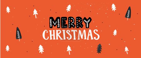 Illustration for Red Christmas banner, hand lettering and small christmas trees on red background. Simple and handicraft holidays greetings. - Royalty Free Image