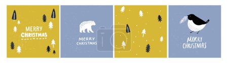 Illustration for Scandinavian Christmas trees and animals greeting card design set. Modern art vector ilustration with spruce, forest, polar bear, winter bird. Bold green and blue colors - Royalty Free Image