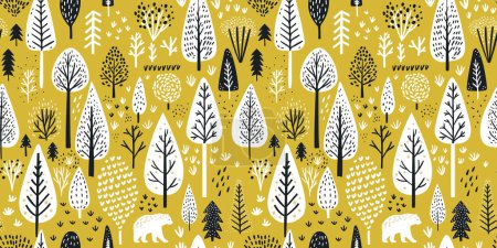 Illustration for Scandinavian forest seamless pattern background, trees silhouettes and bear in woodland, home decor textile texture on green backdrop. Vector repeat landscape nature art - Royalty Free Image