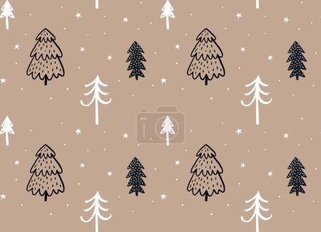 Illustration for Christmas trees hand drawn on kraft paper seamless pattern for wrapping paper and holidays background. Vector ornament, black and white pines and spruces. - Royalty Free Image
