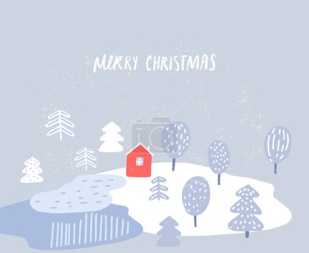 Téléchargez les illustrations : Cabane rouge dans la forêt d'hiver, paysage scandinave, illustration minimaliste de Noël pour carte de vœux, design vectoriel. - en licence libre de droit