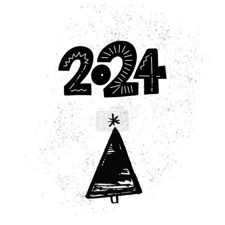 Ilustración de 2024 gran número de año nuevo, tinta pintada árbol de Navidad aislado sobre fondo blanco con textura grunge. Diseño de tarjeta de felicitación hecha a mano. - Imagen libre de derechos