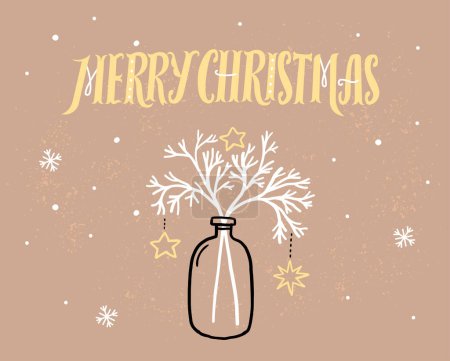 Illustration for Merry Christmas greeting card on kraft brown paper, hand drawn vase with white decorated branches. Vector holidays illustration with lettering. - Royalty Free Image