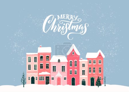 Illustration for Christmas houses in snow, text Merry Christmas on greeting card. Vector winter town scenery illustration. - Royalty Free Image