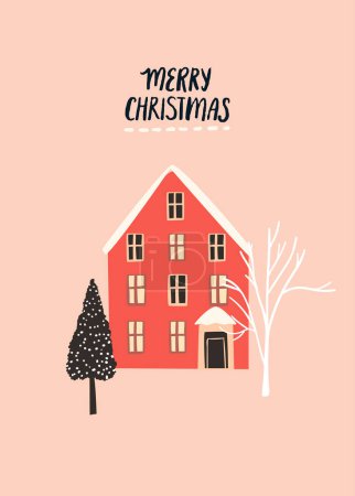 Téléchargez les illustrations : Maison rouge, arbre de Noël décoré. Simple design scandinave de carte de vœux vectoriel lanscape. - en licence libre de droit