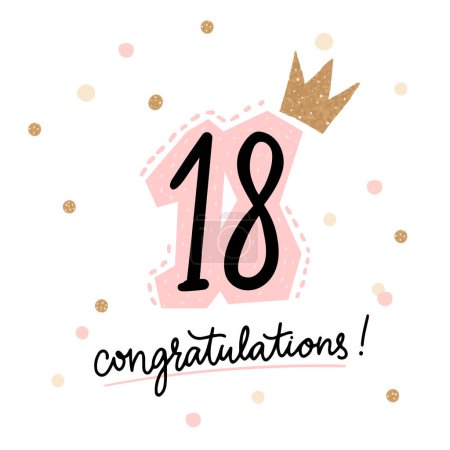 Ilustración de Tarjeta de felicitación de 18 años, confeti dorado y rosa sobre fondo blanco. Banner de cumpleaños feliz. - Imagen libre de derechos