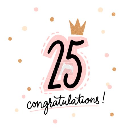 Illustration for 25 anniversary banner, birthday card design with golden and pink confetti, white background. Feminine congratulations vector. - Royalty Free Image