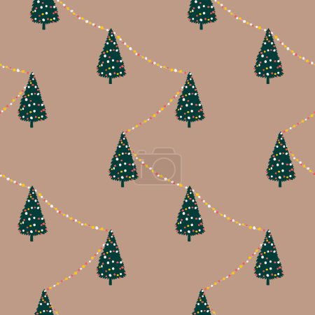 Illustration for Chrsitmas tree seamless pattern on kraft paper, decorated trees and garlands on brown background. Festive holidays texture for gift wrapping paper. - Royalty Free Image