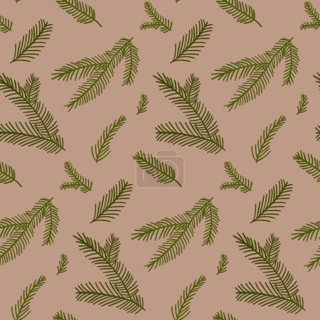 Illustration for Christmas kraft paper pattern. Pine branches on brown background, minimalist modern gift wrapping paper design. - Royalty Free Image