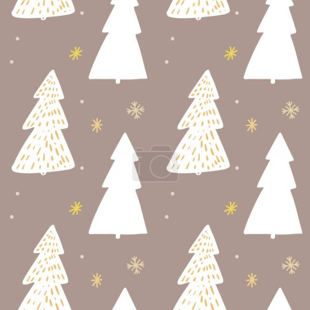 Illustration for Christmas tree pattern, seamless background for winter holidays design. White pine silhouettes on brown kraft paper, vector repeated tile. - Royalty Free Image