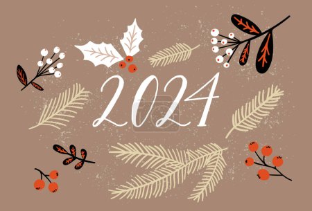 Téléchargez les illustrations : 2024 nouvelle carte de vœux de l'année, chiffres manuscrits sur papier kraft brun. Décoré avec des branches, des baies de houx et des brindilles d'arbre de Noël - en licence libre de droit
