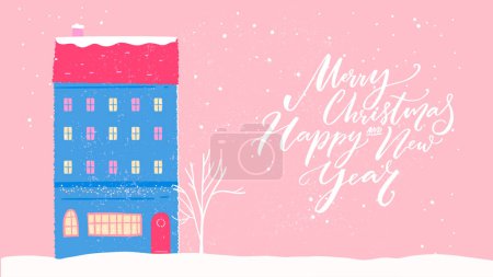 Illustration for Pink Christmas greeting card, decorated house facade, falling snow and calligraphy inscription Merry Christmas and happy new year - Royalty Free Image