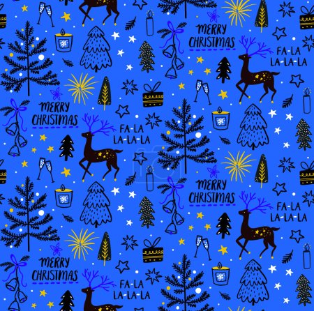 Téléchargez les illustrations : Fond bleu de Noël avec cerfs dessinés à la main, pins et neige, texte fa-la-la et décorations de vacances d'hiver. Conception de motif sans couture vectorielle. - en licence libre de droit