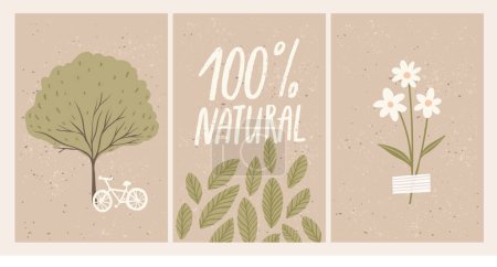 Illustration for Green eco posters design. Bicycle near tree, 100 natural badge, pressed and taped flower. Ecology elements illustrations on brown kraft paper - Royalty Free Image