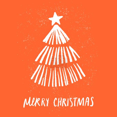 Illustration for White christmas tree silhouette on red background, handmade craft card with sketch silhouette on pine. Red greeting card design, modern layout. - Royalty Free Image