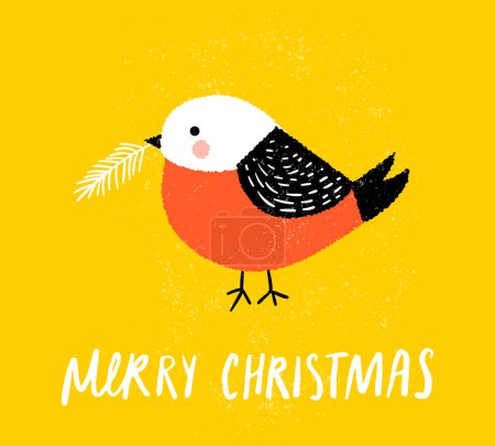 Ilustración de Lindo pájaro robin sosteniendo una rama del árbol de Navidad, caprichoso diseño de tarjeta de felicitación de Navidad, fondo amarillo. - Imagen libre de derechos
