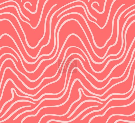 Téléchargez les illustrations : Structure en filet de saumon, lignes rose clair sur fond rouge. Texture vectorielle sans couture, courbes audacieuses - en licence libre de droit