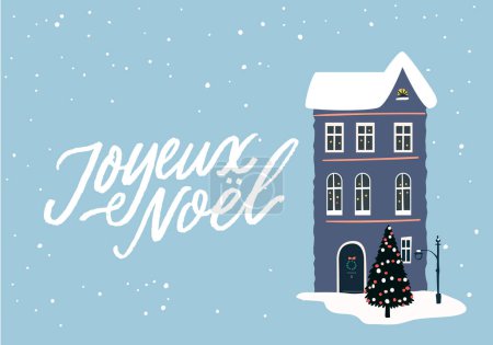 Tarjeta de felicitación azul de Navidad, casa francesa alta y árbol de Navidad decorado. Paisaje de nieve, ilustración vectorial