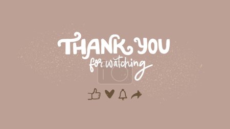 Illustration for Thank you for watching, playful end screen design with social icons of share, like, follow and subscribe. Cartoon doodle style on kraft paper. Simple vector screen template - Royalty Free Image