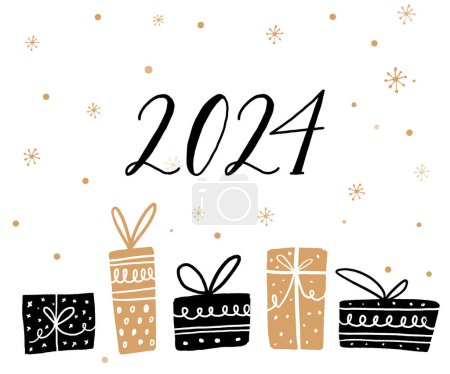 Téléchargez les illustrations : Carte de vœux de 2024 ans, simples numéros manuscrits minimalistes et illustration de cadeaux. Or, graphiques vectoriels noirs sur fond blanc - en licence libre de droit