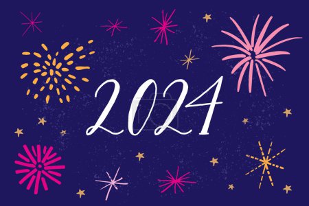 Ilustración de 2024 nuevo año, números escritos a mano sobre fondo azul oscuro cielo decorado con fuegos artificiales festivos. Vector saludo banner ilustración. - Imagen libre de derechos