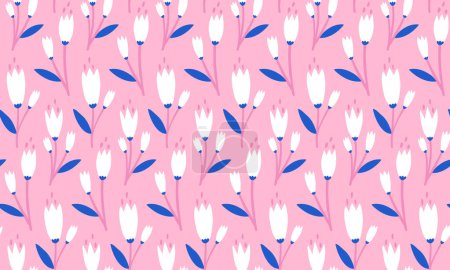 Téléchargez les illustrations : Modèle floral rose simple, fond de tulipes blanches, texture rose répétée des plantes. Impression textile décorative minimale vectorielle. - en licence libre de droit