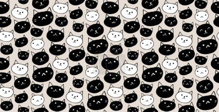 Illustration for Cat faces pattern, seamless animal texture, cute vector black and white kitty background. - Royalty Free Image