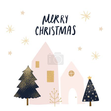 Téléchargez les illustrations : Minimaliste design mignon carte de Noël, maison minuscule et arbre de Noël décoré avec des étoiles et des paillettes d'or sur fond blanc. - en licence libre de droit