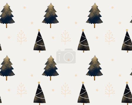 Illustration for White Christmas seamless paper texture, Christmas trees decorated with golden glitter and stars. Minimalist scandi winter background. - Royalty Free Image