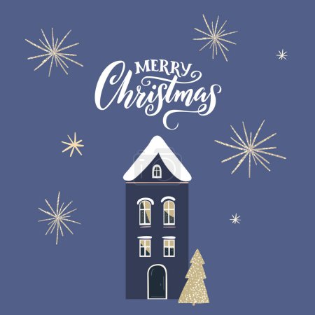 Illustration for Merry Christmas card, house and pine tree, golden sparkles and fireworks. Winter town simple modern vector illustration. - Royalty Free Image