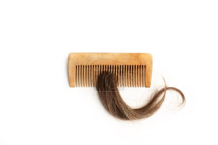 Foto de Un mechón marrón de pelo y peine de madera sobre un fondo blanco con espacio para copiar - Imagen libre de derechos