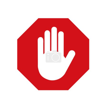 A red stop sign with a white hand on a white background with copy space