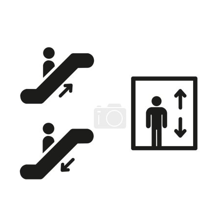 Ilustración de Señal de ascensor y escaleras mecánicas sobre fondo blanco con espacio para copiar - Imagen libre de derechos