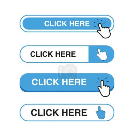 Téléchargez les illustrations : Blanc et bleu cliquez ici bouton sur un fond blanc avec espace de copie - en licence libre de droit