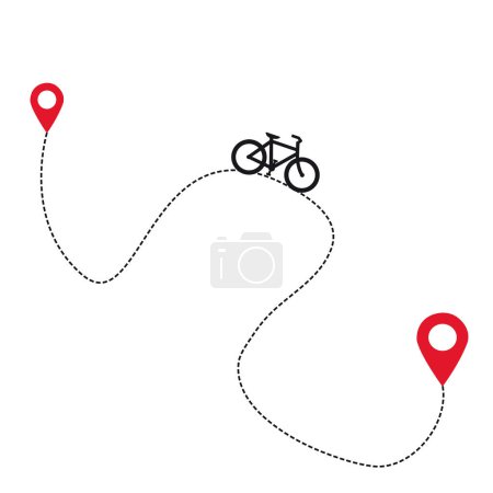 Téléchargez les illustrations : Une trace avec un vélo et des marques de localisation sur un fond blanc avec espace de copie - en licence libre de droit
