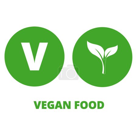 Téléchargez les illustrations : Sceaux alimentaires végétaliens verts sur un fond blanc avec espace de copie - en licence libre de droit