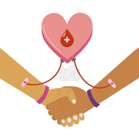Illustration for Two arms donating blood conected to a heart with a drop of blood on a white background with copy space - Royalty Free Image