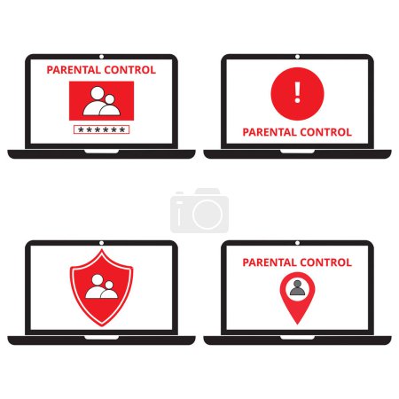 Parental control banners on laptop screens on a white background