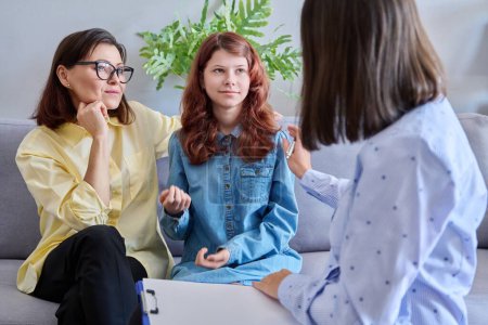 Child psychologist session, mother preteen daughter and behavior therapist together in office. Professional help, mental health, behavior correction, counseling, psychology therapy, children family