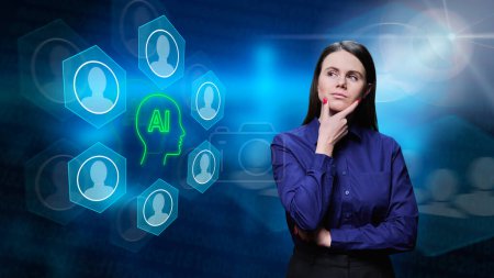 Young pensive business woman, digital background with person icons, artificial intelligence. Ai, network, communication, teamwork collaboration, information, technology concept