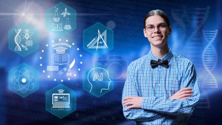 Photo pour Portrait of young confident male student on glowing digital background with education science knowledge artificial intelligence icons. Modern youth education academic online courses college university - image libre de droit