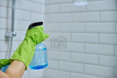 Photo for Close-up hands in gloves cleaning bathroom, washing glass in shower, with detergent spray and professional rag, white tiles copy space. Housekeeping, housework, housecleaning, cleaning service concept - Royalty Free Image