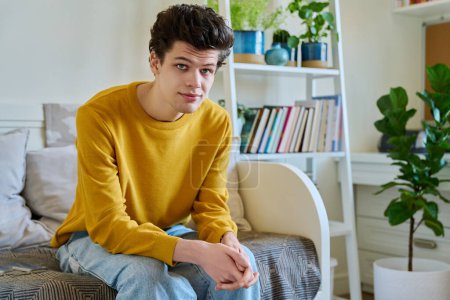 Photo for Portrait of handsome smiling guy looking at camera, sitting on couch at home. Young man in yellow with curly hair, university college student. Lifestyle, youth 19-20 years old concept - Royalty Free Image