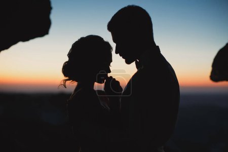 Téléchargez les photos : Le clair de lune met en valeur les silhouettes des mariés dans les montagnes. - en image libre de droit